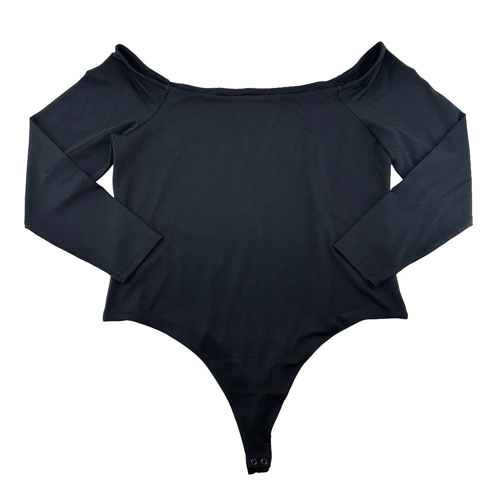 NUUDS‎ Long Sleeve Wide Scoop / Boat Neck Bodysuit • XXL • black minimalist chic
